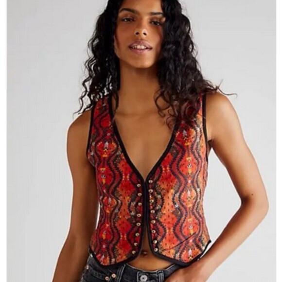 Free People Vest Women Rust Cotton Boho Gemini Preppy Quilted Top Sz Small New